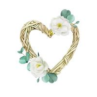 watercolor drawing braided wreath in the shape of a heart with white flowers and eucalyptus leaves. cute clipart for valentine's day, wedding. Heart frame wreath made of twigs and white roses