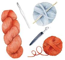 watercolor drawing, set of crochet and knitting elements. clip-art crochet hook, knitting yarn, skeins, skeins. wooden, metal crochet hook, hook with rubber handle. needlework, homework, hobbies