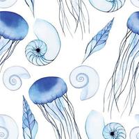 Acuarela de patrones sin fisuras con vida marina. conchas marinas transparentes, medusas de flores azules sobre un fondo blanco. impresión simple, antecedentes sobre el tema del mar, océano. vector