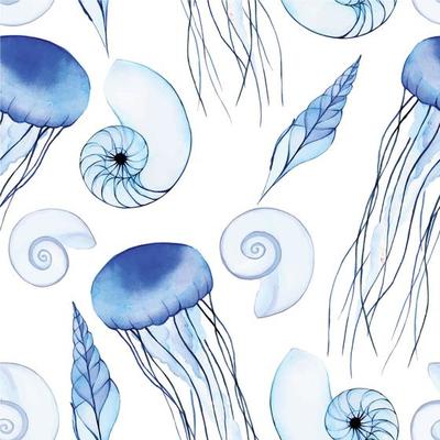 watercolor seamless pattern with marine life. transparent sea shells, blue flowers jellyfish on a white background. simple print, background on the theme of the sea, ocean.