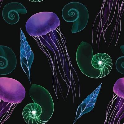 seamless pattern with watercolor drawing of sea animals in neon colors. transparent jellyfish, seashells on a dark background, fluorescent colors blue, green, purple. nautical print