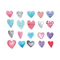 Cute watercolor drawing of pink, blue, purple hearts set. Bright clipart for Valentine's Day. Hearts with a simple striped pencil