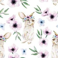 watercolor seamless pattern with Easter bunny and pink flowers. delicate print for easter isolated on white background cute rabbit, hare with eucalyptus leaves, pink anemone and hydrangea flowers vector