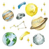 watercolor set, collection of space elements. cute smiling planets earth, jupiter, moon, sun. asteroids, stars and constellations isolated on white background. clip-art for children. vector