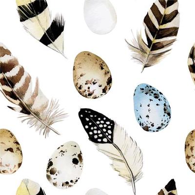 seamless watercolor pattern on Easter theme. print on a white background colored Easter eggs and bird feathers. cute background for holiday decoration, textile, fabric, wrapper.