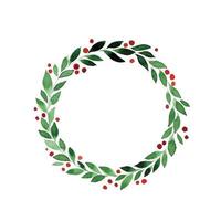 cute watercolor drawing, christmas wreath. wreath of green leaves and red berries, simple watercolor drawing for decoration for the new year, christmas, winter holidays