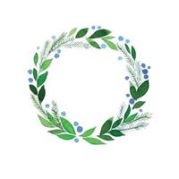 cute watercolor wreath of green leaves and berries. clip-art for christmas, wedding. simple wreath, frame, design for invitation, greeting card, packaging. vector