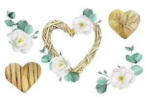 watercolor set with hearts from natural materials in boho, eco style. a wreath of branches, a wooden heart with white rose flowers and eucalyptus leaves. clipart vintage rustic vector