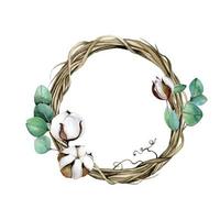 watercolor clip-art wreath of branches with eucalyptus leaves and cotton flowers. frame, border. autumn, winter wreath in vintage style, boho. decoration for the holiday, Christmas, wedding. vector