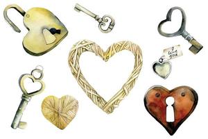 watercolor set with vintage locks in the shape of a heart. vintage cute locks and keys, valentine's day clipart vector