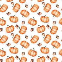 acuarela de patrones sin fisuras con lindas calabazas naranjas y bellotas. impresión de otoño aislada sobre fondo blanco calabazas festivas y bellotas, fondo para halloween, acción de gracias. vector