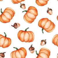 acuarela de patrones sin fisuras con calabazas naranjas y bellotas sobre un fondo blanco. impresión de otoño para halloween y vacaciones de acción de gracias