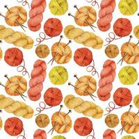 seamless watercolor pattern with balls of yarn for knitting. yarn of autumn colors of yellow, red and orange on a white background. crochet print and knitting, hobby, handmade. cozy background vector