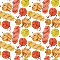 seamless watercolor pattern with balls of yarn for knitting. yarn of autumn colors of yellow, red and orange on a white background. crochet print and knitting, hobby, handmade. cozy background vector