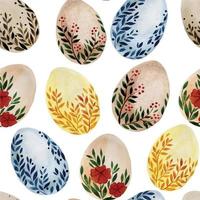 acuarela de patrones sin fisuras con huevos de pascua de colores sobre un fondo blanco. huevos de pascua pintados en colores naturales con flores y hojas. vector