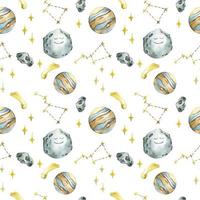 watercolor seamless pattern with planets and stars on a white background. cute print for kids with space, constellations, moon, saturn, comets. smiling characters, sleep and night theme. vector
