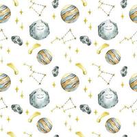 watercolor seamless pattern with planets and stars on a white background. cute print for kids with space, constellations, moon, saturn, comets. smiling characters, sleep and night theme. vector