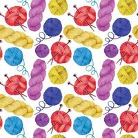 watercolor seamless pattern with colored skeins for knitting. cute, bright print on the topic of knitting, crocheting, needlework, made by hand. blue, red, yellow, purple balls of yarn on a white vector
