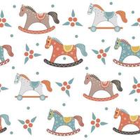 A children's pattern with a wooden horse in the boho style. Color vector illustration