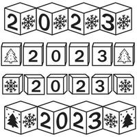 Calendar for Christmas, new year made of cubes with the number 2023, vector illustration black contour doodle