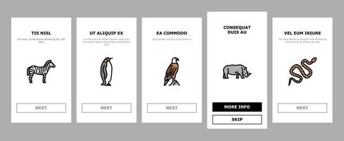 Zoo Animals, Birds And Snakes Onboarding Icons Set Vector