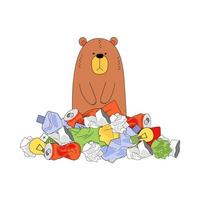 Brown bear sitting in a pile of garbage. The problem of ecology and waste management. Plastic bottles, cans, paper, cups, batteries, bags, etc. Vector image on white background