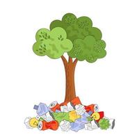 A tree in a pile of trash. Ecology concept, garbage recycling, waste disposal. Vector illustration isolated on white background.