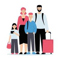 Family with luggage at the airport. Mother, father, son and daughter travel. Travel, vacation concept. Vector illustration in flat style isolated on white background.