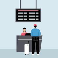 un hombre con equipaje en el aeropuerto en el mostrador de facturación. viajes, concepto de vacaciones. ilustración vectorial en estilo plano aislado sobre fondo blanco. vector