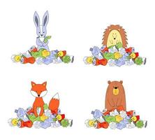 Animals in a pile of trash. Ecology concept, garbage recycling, waste disposal. Hare, bear, hedgehog, fox. Vector illustration isolated on white background.