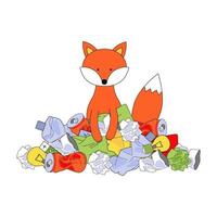 Red fox sitting in a pile of garbage. The problem of ecology and waste management. Plastic bottles, cans, paper, cups, batteries, bags, etc. Vector image on white background