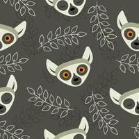 Seamless pattern with heads of lemurs on a dark background. Exotic cute animals of madagascar and africa. Vector illustration in flat style