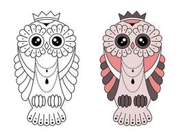 Magic stylized zentangle owl, doodle illustration for coloring. Decorative wild bird. Black outline on white background vector