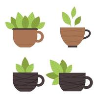 juego de tazas de té con hojas verdes. te matcha elementos para el diseño de una cafetería, menú, restaurante. ceremonia del té tradicional japonesa. ilustración en un estilo plano. vector