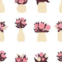 Stylish seamless pattern with vases of flowers. Beautiful spring bouquets, packaging design, wedding decoration. Flat illustration on white background vector