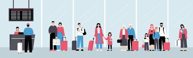 gente en el aeropuerto. cola de facturación, viajes familiares, viajes de negocios. ilustración vectorial en estilo plano vector