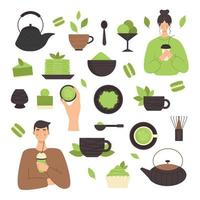 té matcha, conjunto de elementos. ceremonia del té tradicional japonesa. té verde, comida saludable, postres, tazas, teteras. ilustración en estilo plano vector