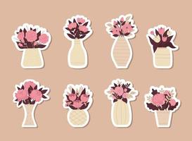Set of Beautiful stylish stickers with bouquet of flowers in vases. Greeting card. Mothers day, international womens day, birthday. Spring flat vector illustration isolated on white background.