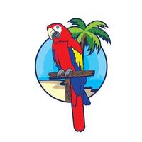 pájaro loro y vector de palmera con vista a la playa, pegatina perfecta, camiseta y todo tipo de diseño de mercancías