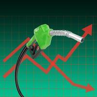 boquilla de combustible verde o pistola de combustible con crecimiento gráfico y caída. las cotizaciones del petróleo están creciendo. los precios del petróleo están subiendo. las flechas rojas indican el aumento y la caída de los precios de los productos derivados del petróleo en el mercado. foto