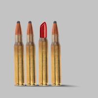 Lipstick bullet. Rifle Bullets on grey background. Creative peace concept.  Military concept. Women's weapon. Killing beauty concept photo