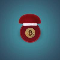 Gold bitcoin coin in a red gift box on blue background. Creative concept idea. Cryptocurrency, trading. investment. Flat lay, top view. photo