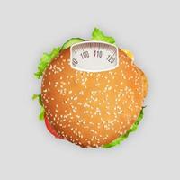 Unusual combination of usual things. Tasty burger as an weight scale on grey background. Diet concept. Flat lay. Minimal food concept. Collage made out of burger and weight scale. Modern art collage. photo