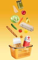 Yellow shopping basket with fresh food full of variety of grocery products, food and drink on yellow background. Supermarket food concept. Home delivery. Food ingredient float. Flying concept. photo