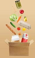 Different grocery products are flying out from the box on pastel brown background. Fresh fruits flying. Food delivery concept. Food choice buy in supermarket. Goods in cardboard boxes. photo