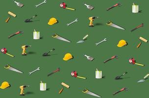 Trends construction tools pattern made with various work tools on green background. Isometric tools and objects. They are representing the concept of DIY. Set of various construction tools photo