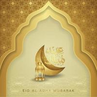 Luxurious and elegant design Eid Al adha greeting with gold color on arabic calligraphy, crescent moon, lantern and textured gate mosque. vector illustration.