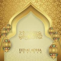 Luxurious and elegant design Eid Al adha greeting with gold color on arabic calligraphy, crescent moon, lantern and textured gate mosque. vector illustration.