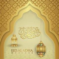 Luxurious and elegant design Eid Al adha greeting with gold color on arabic calligraphy, crescent moon, lantern and textured gate mosque. vector illustration.