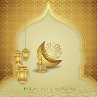 Luxurious and elegant design Eid Al adha greeting with gold color on arabic calligraphy, crescent moon, lantern and textured gate mosque. vector illustration.